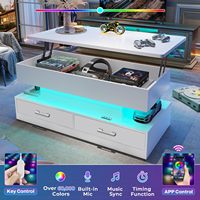 Table basse moderne à plateau relevable avec éclairage LED et design à panneaux, 2 tiroirs en tissu, pour usage domestique dans un petit salon, salle à manger ou bureau