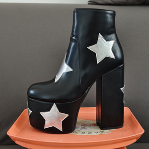 Bottines courtes à bout rond avec étoiles argentées personnalisées, plateforme épaisse, fermeture éclair latérale, talons hauts épais pour femmes, grande taille 47, bottines à la cheville - Product Image 5