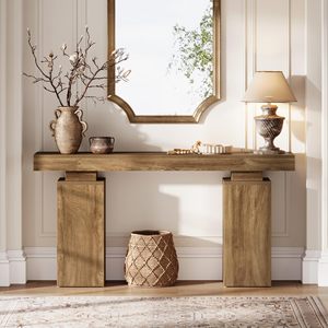 Mesa Consola Rústica de Roble Macizo SENYU con Base de Pedestal, Mueble de Estilo Antiguo Hecho a Mano para Sala de Estar o Entrada - Product Image 1