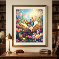 Kit de Peinture par Numéros DIY 36 Couleurs, Motif Papillon sur Livre et Fleurs, Peinture Acrylique Faite Main, Art Mural Créatif