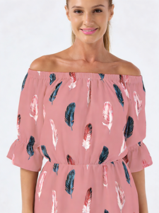 Robe d'été décontractée pour femme, à épaules dénudées, imprimé plumes, longueur genou, manches évasées, taille naturelle - Idéale pour le club et le quotidien - Product Image 2