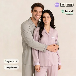 Pijamas de Algodón Modal Lenzing para Parejas, Primavera, Verano, Otoño, Conjunto de Manga Larga y Pantalón Largo, Solapa de Satén, Suaves y Cómodos para el Hogar - Product Image 1