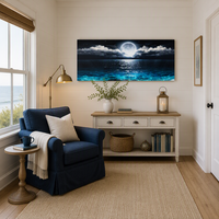 Tableau mural Lune Pleine Océan, ciel nocturne étoilé et nuages, impression sur toile, paysage côtier de plage marine bleue, encadré pour salon