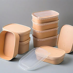 Vente en gros de bols à salade rectangulaires jetables en papier kraft avec couvercle, recyclables, bols à salade carrés à emporter - Product Image 1