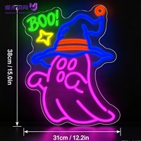 Enseigne néon LED fantôme BOO Chapeau de sorcière d'Halloween, enseigne LED fantôme en acrylique à intensité variable, décoration d'Halloween alimentée par USB