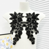 Appliques en dentelle brodée de sequins noirs et de perles, motif floral, pour robe de soirée, robe de mariée, décoration couture