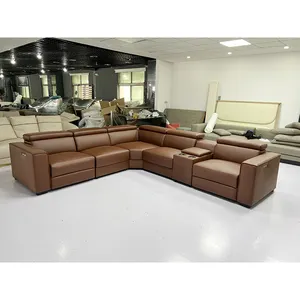 Sofás modernos e baratos em forma de L, conjunto de sofás de canto em couro marrom, móveis para sala de estar