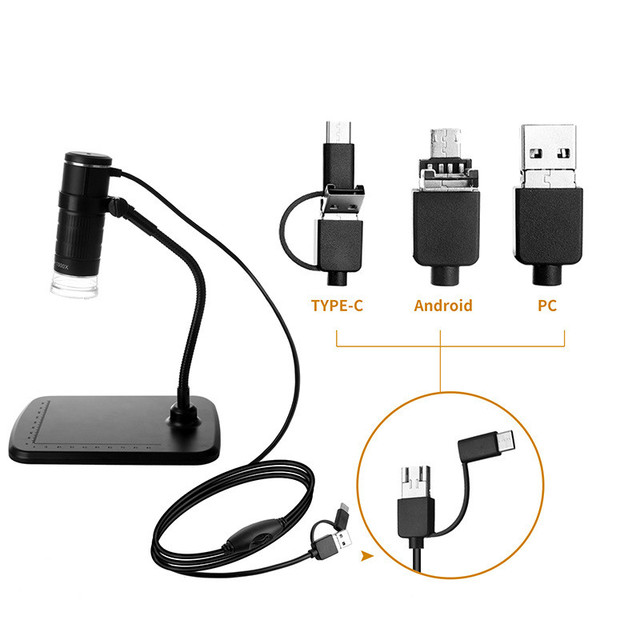 1000X 3 in 1 USB Digital Microscope Type-C Electronic Microscope Camera 8 LED Magnifier Adjustable Magnification with Stand