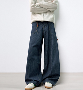 Jeans Dake bleu, coupe ajustée, rayé, style streetwear, jeans larges, patchwork, jeans et pantalon en denim pour homme - Product Image 3