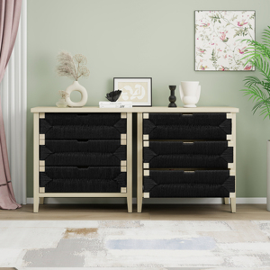 Luxury Solid Wood 3-Drawer Buffet <b>Sideboard</b> Adjustable Shelves Hand-Woven Rope Drawers <b>Storage</b> Cabinet for Living Room Kitchen - Product Image 6