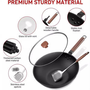 Wok japonais en fer pur 32 cm sans revêtement compatible induction avec manche et couvercle en bois - Product Image 3