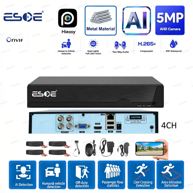Factory Price Hieasy Two Way Audio CCTV 5MP 4 Channel H 265 AHD DVR 24/7 Recorder Real Time Security Camera System for Home