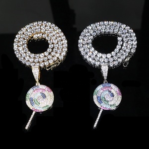 Charmant vert violet rose arc-en-ciel CZ <span class=keywords><strong>sucette</strong></span> pendentif Tennis chaîne <span class=keywords><strong>collier</strong></span> 16 "18" glacé gros sucre femmes bijoux - Product Image 4