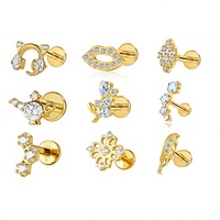 Clous d'oreilles miniatures en titane F136 plaqué or et zircon, entièrement sculptés par CNC, style européen, pour piercing, vente en gros