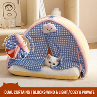Nouveau Tente-niche de luxe pour chat, lit fermé pour chien, maisonnette quatre saisons pour petits animaux, motif écossais, fermeture à nouer, pour salon
