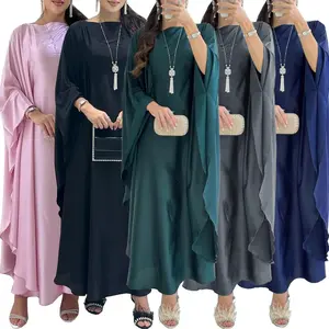 2024 Latest Design Wholesale EID Ramadan Modest Turkey Islamic Waisted Batwing Sleeve Abaya Satin Women Muslim Dress Dubai Abaya