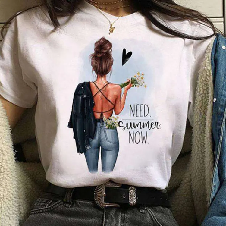 2023 Hot Bán Thời Trang In Trắng Vòng Cổ T-Shirt Của Phụ Nữ Mô Hình Giản Dị T-Shirt Phụ Nữ Ngắn T-Shirt