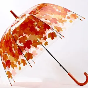 Hot Selling 23 Inch Multiple Color PVC Automatic Maple Leaf Printed Transparent Dome Umbrella