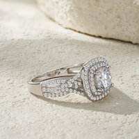 Bague en argent sterling S925 avec moissanite 1 carat, double halo, taille coussin, tige fendue, taille brillant rond, pour femme