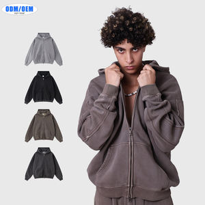 Sudadera con capucha de doble cremallera estilo vintage para hombre, con bajo sin rematar, patchwork, estilo lavado, forrada y oversize para invierno - Product Image 1
