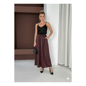 Jupe longue fluide marron pour femme avec poches latérales, aspect cuir, tissu laqué, longueur 95 cm - Product Image 1