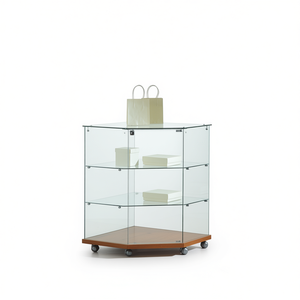 Vitrina Esquinera Moderna de 68x68x90cm con Estantes de Vidrio Templado y Ruedas, Base de Madera de Cerezo, Mueble de Almacenamiento para Sala de Estar - Product Image 2