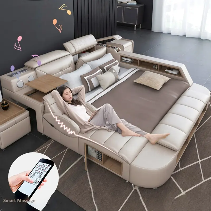 Lit moelleux de massage en cuir, design de luxe, de style moderne, intelligent, idéal pour une chambre à coucher