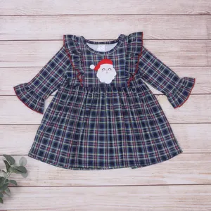 Conjunto de ropa de algodón con bordado de Papá Noel para niña, ropa de boutique para niña, venta al por mayor