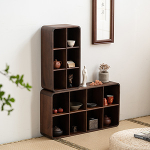 Solid Walnut Wood <b>Display</b> Shelf <b>Wall</b> Mounted Multi Compartment Teapot Storage Cabinet Collection Rack - Product Image 2