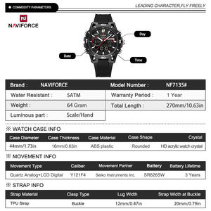 นาฬิกาข้อมือ NAVIFORCE 7135 สำหรับผู้ชาย นาฬิกาสองเวลา ดีไซน์ลำลอง สปอร์ต กันน้ำ พร้อมฟังก์ชั่นนับถอยหลัง นาฬิกาโครโนกราฟ นาฬิกาปลุก Reloj Hombre - Product Image 6