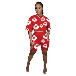 Spring And Summer New Popular Offset Printing 2 2 Piece Outfits For Women Tracksuit Short Sleeve O-Neck Tshirt And Shorts Set