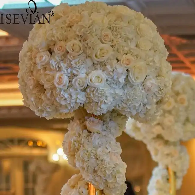 ISEVIANアイボリー大型人工バラとアジサイフラワーボールのセンターピース結婚式の装飾用