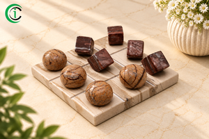 Juego de Tic Tac Toe de Lujo en Mármol Beige de 6 Pulgadas con Fichas Redondas y Cuadradas, Juego de Mesa Decorativo Premium para el Hogar - Product Image 3