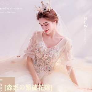 Champagne Ball Gown Evening Dress V-Neck Floral Print Chiffon Empire Waistline Long Sleeve Formal Wedding Banquet Dress - Product Image 2