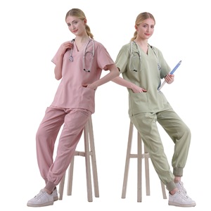 Women's V Neck Short Sleeve Scrub Set Polyester Hospital Uniforms For Nurses Split Design With Pockets In Pink And Green - Product Image 2