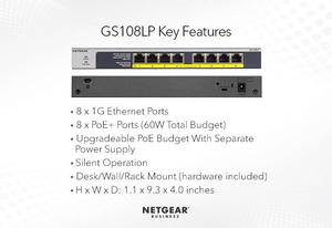 Commutateur non géré Gigabit Série GS108LP Commutateur non géré Ethernet Gigabit 8 ports <span class=keywords><strong>PoE</strong></span> + avec FlexPoE (60W) - Product Image 5
