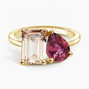 Firstmadam Custom Solid 18k Gold Morganite and Pink Tourmaline Cocktail Toi Et Moi Ring