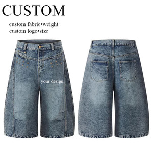 Shorts en jean pour homme 2026 personnalisés, coupe large, style vintage délavé, respirants, amples, style streetwear, avec strass - Product Image 1