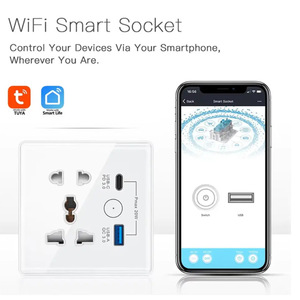 Universal <strong>Sockets</strong> App Remote Control Tuya EU USB Fast Charger Type-C WiFi <strong>Smart</strong> <strong>Wall</strong> <strong>Socket</strong> 2 Outlets Glass 13A/10A IP18 1.8m - Product Image 5