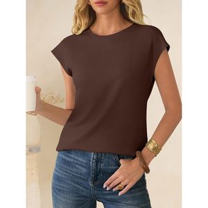 FOXA Haut à manches courtes en tricot gaufré pour femme, t-shirt basique décontracté à manches courtes, hauts d'été pour le travail et les vacances - Product Image 4