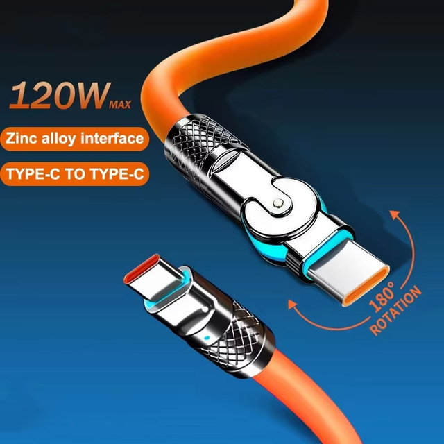 120W 6A USB C to C Fast Charging Cable 180° Rotating Elbow Silicone PD Charger Data Cord for Samsung Xiaomi Huawei OnePlus