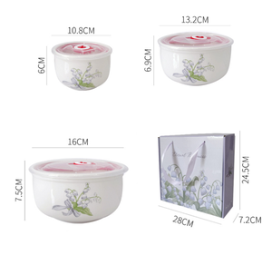Ensemble de bols en céramique à motif de fleurs de muguet, multifonctionnels, pour la fraîcheur, ensemble de trois bols en céramique, cadeaux de mariage, boîte - Product Image 6