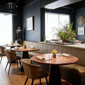 Ensemble <span class=keywords><strong>de</strong></span> mobilier moderne et personnalisé pour salon <span class=keywords><strong>de</strong></span> thé et café : tabourets hauts ronds en bois et cuir, table <span class=keywords><strong>de</strong></span> restaurant, chaise et banquette. - Product Image 4