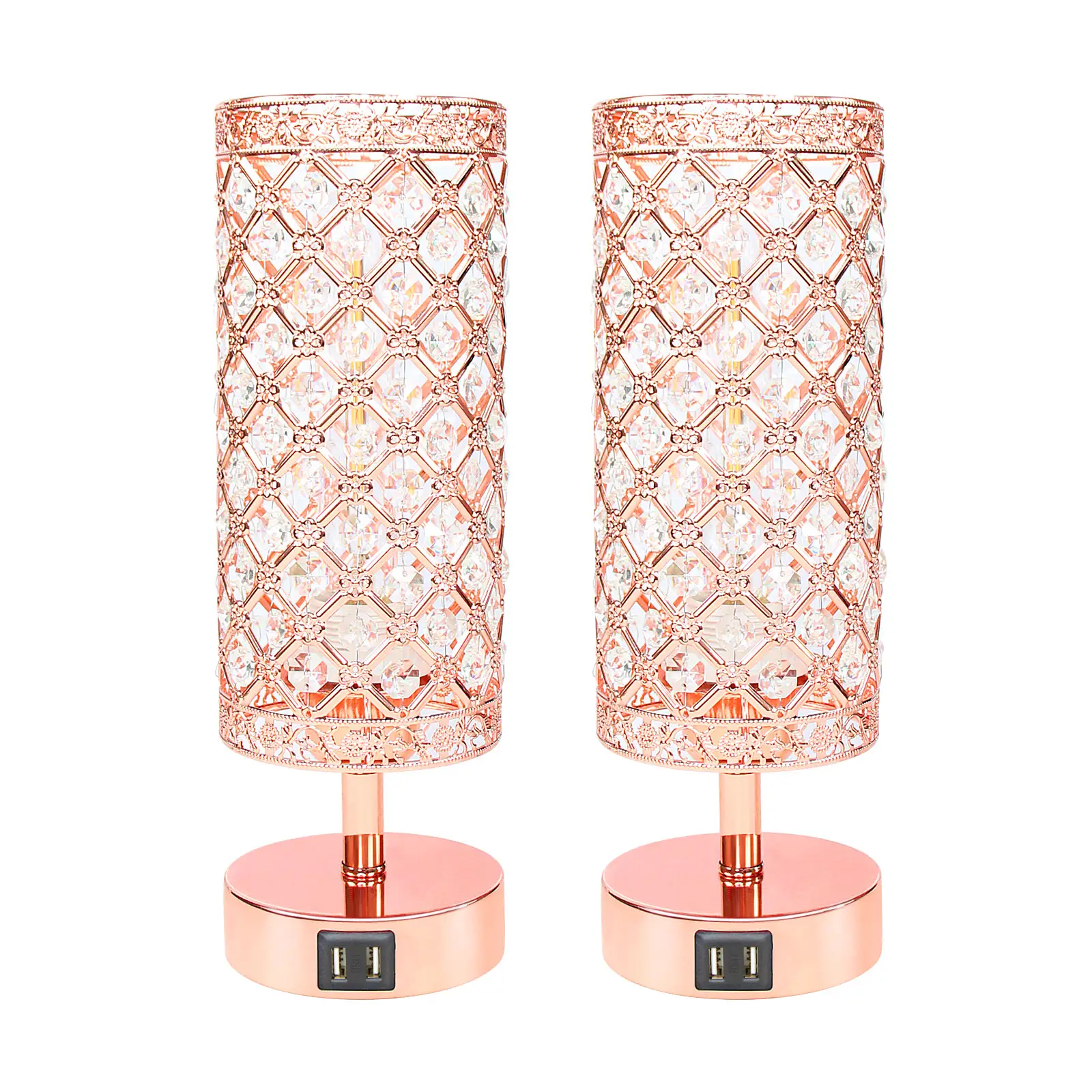 2-pack modern style 3-way dimming dual USB charging port metal base crystal touch control night light bedside table lamp