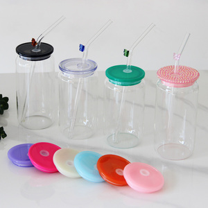 16oz Clear Borosilicate Glass Drinkware <strong>Mason</strong> <strong>Jar</strong> Beer Can Shaped with Colored Lid and Straw - Product Image 2