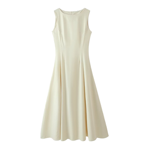Elegante Vestido Midi sin Mangas con Cuello Redondo y Corte en A, con Cierres, para Uso Diario Informal, en Color Sólido, Tejido Entrecruzado, Silueta Ajustada - Product Image 1