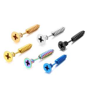 <b>Titanium</b> Steel Screw <b>Stud</b> Earrings For Men Women Hip Hop Fashion Ear Cartilage Jewelry Gold Silver Black Blue Rainbow Color - Product Image 1