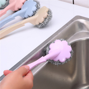 Estropajo de lana de acero de mango largo, cepillo para lavar platos y ollas con forma de flor de ciruelo, estropajo de lana de acero inoxidable para limpieza. - Product Image 5