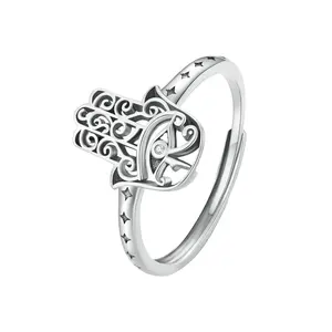 25 Sterling Silver Jewelry Women Adjustable Vintage Star Stamped Hollow Palm Hand Ring