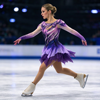 Robe de patinage et de danse dégradé violet-rose, manches longues en maille, ornée de strass floraux, pour enfants et adultes, compétition et performance